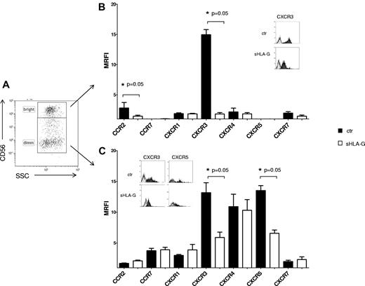 Figure 2. Modulation of chemokine receptor expression by sHLA-G on NK cells from tonsil. Cytofluorimetric analysis of chemokine receptor expression on purified total NK cells from tonsil, gating on CD56bright or CD56dim NK cells on the basis of CD56 expression. (A) Representative staining with anti-CD56 mAb. The expression of chemokine receptors was evaluated on CD56bright (B) and CD56dim (C) NK cells, either untreated (black bars) or treated with sHLA-G (white bars). Data are expressed as MRFI. Means of 5 different experiments ± SD are shown. Asterisks indicate significant differences. The insets in panels B and C show representative stainings of NK cells, ctr, or treated with sHLA-G, with anti-CXCR3 and anti-CXCR5 mAbs. Black profiles indicate staining with specific mAbs, whereas gray profiles indicate staining with irrelevant isotype-matched mAb.