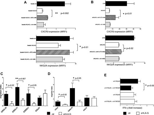 Figure 5. Blocking experiments and functional assays. (A) Total PB NK cells were treated with beads (1) uncoated (ctr; black bars), (2) coated with sHLA-G (beads HLA-G; white bars), (3) coated with sHLA-G and treated with 87G anti–HLA-G blocking mAb (striped bars), or (4) coated with sHLA-G and treated with isotype-matched irrelevant ctr mAb (gray bars) before being admixed with NK cells. Cytofluorimetric analysis of CXCR3 or NKG2A expression has been performed. (B) Blocking experiments performed on total PB NK cells untreated (ctr; black bar) or treated with sHLA-G (white bar) or preincubated with anti-ILT2/CD85j mAb (striped bar) or isotype-matched mAb (gray bar) and then treated with sHLA-G. Cytofluorimetric analysis of CXCR3 or NKG2A expression is shown. Data are expressed as MRFI. Means of 3 different experiments ± SD are shown. Asterisks indicate significant differences. Chemotaxis was performed on total PB NK cells (C) or PB CD56bright NK cells (D), using as chemoattractants (1) CXCL10, CXCL11, CX3CL1, and CCL21 or (2) CCL2, CXCL10, and CCL21, respectively. Data are expressed as migration index (no. of migrated cells/no. of total cells × 100). Means of 5 different experiments ± SD are shown. Asterisks indicate significant differences. (E) IFN-γ secretion by total PB NK cells treated with anti-NKp46 mAb alone or in combination with anti-NKG2A mAb. NK cells were either untreated (black bars) or treated with sHLA-G (white bars) before mAb-mediated cross-linking of NKp46 and/or NKG2A molecules. Data are expressed as IFN-γ fold increase (nanogram per milliliter of IFN-γ secreted by specific mAb-treated cells divided by nanogram per milliliter of IFN-γ secreted by irrelevant isotype-matched treated cells). Means of 3 different experiments ± SD are shown. Asterisks indicate significant differences.
