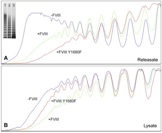 Figure 3. Multimer size of VWF secreted by nontransduced, FVIII-YFP-, and FVIII-YFP Y1680F-transduced BOECs. Plot profiles of VWF multimer patterns of phorbol 12-myristate 13-acetate-induced releasate (A) and lysate of unstimulated cells (B) from nontransduced (lane 1), normal FVIII-YFP (lane 2), and FVIII-YFP Y1680F (lane 3) transduced BOECs. Multimers were analyzed by 2% agarose gel electrophoresis followed by Western blot analysis using rabbit polyclonal anti–human VWF antibody. Plot profiles of blots were generated with ImageJ Software Version 1.44 (National Institutes of Health; www.rsb.info.nih.gov/ij, 1997-2009).