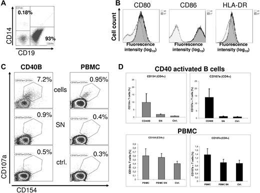 Figure 1. CD40 activated human B cells can efficiently induce early T-cell activation. (A) Human B cells were enriched (EasySep, StemCell Technologies) from buffy coats of 4 healthy donors. Informed consent and approval of the institutional review board were previously obtained. A representative flow cytometry analysis of the 4 experiments is shown indicating high enrichment of B cells (> 90%) and efficient depletion of monocytes (< 0.2%). (B) Enriched B cells were activated over 7 days on a monolayer of NIH3T3 cells constitutively expressing the human CD40 ligand. Surface expression of CD80, CD86 and HLA-DR is significantly up-regulated after 7 days of coculture demonstrated by flow cytometry analysis (dark histograms). (C) A mixed lymphocyte reaction of CD40-activated B cells (CD40B) with allogeneic T cells (left column) was performed over 5 hours. Monensin was added after 1 hour. Corresponding cell free supernatants (SN) and culture media (ctrl) were used for T-cell cultures as controls. Subsequent analyses of CD40L (CD154) and CD107a expression on CD4+ T cells as early activation markers were performed by flow cytometry. Analog experiments were done with none-manipulated peripheral blood mononuclear cells (PBMC, right column). Supernatants from PBMC were taken from overnight cultures. Results are representatives of 4 experiments of each condition (CD40B versus PBMC). (D) Results of the coculture experiments are shown separately as means of the relative numbers of CD40L+ or CD107a+ T cells (n = 4 CD40B experiments; n = 4 PBMC experiments). SD is indicated for each column.