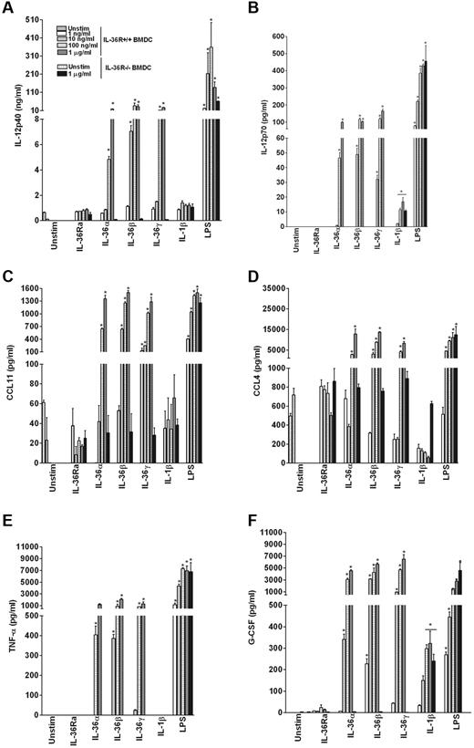 Figure 3. IL-36α, IL-36β, and IL-36γ specifically up-regulate the production of proinflammatory cytokines in BMDCs. BMDCs from WT or IL-36R−/− mice were incubated in the absence or presence of the indicated concentrations of IL-36Ra, IL-36α, IL-36β, IL-36γ, IL-1β, or LPS. Supernatants were collected after 72 hours of stimulation for the determination of cytokine levels: IL-12 p40 (A), IL-12 p70 (B) CCL11 (C), CCL4 (D), TNF-α (E) and G-CSF (F) by multiplex analysis. Data are shown from one of 2 independent experiments with similar results. Error bars represent SD of triplicates in the same experiment. *P < .05 (Student t test), IL-36, IL-1β, or LPS stimulation significantly differ from unstimulated cells.