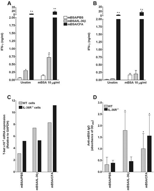 Figure 7. IL-36β acts as an adjuvant to stimulate Th1 responses in vivo. (A-B) Specific IFN-γ production in lymph node cells from WT mice immunized with mBSA/IL-36β. WT (A) and IL-36R−/− (B) mice were immunized intradermally with mBSA plus PBS, mBSA plus IL-36β, or mBSA plus CFA. At day 21, draining lymph nodes from each group (n = 4) were collected, pooled, and cultured in the absence or presence of 10 μg/mL of mBSA. Culture supernatants were harvested after 3 days of incubation and then assayed for IFN-γ production in response to mBSA (A-B) by ELISA. Values are the mean ± SD of culture triplicates. *P < .05, compared with the value of mBSA/PBS-treated mice. **P < .005, compared with the value of mBSA/PBS-treated mice. (C) Quantification of T-bet mRNA expression by quantitative RT-PCR in draining lymph node cells. Total mRNA was extracted from pooled lymph node cells of each group (n = 4) for T-bet mRNA expression analysis by quantitative RT-PCR. Results represent T-bet mRNA levels relative to GAPDH. (D) Serum levels of anti-mBSA IgG in WT (gray bars) and IL-36R−/− (black bars) immunized mice. The levels of anti-mBSA IgG were determined by ELISA. Results are expressed as mean ± SD, optical density (OD) units from each group. *P < .05, compared with the value of mBSA/PBS-treated mice.