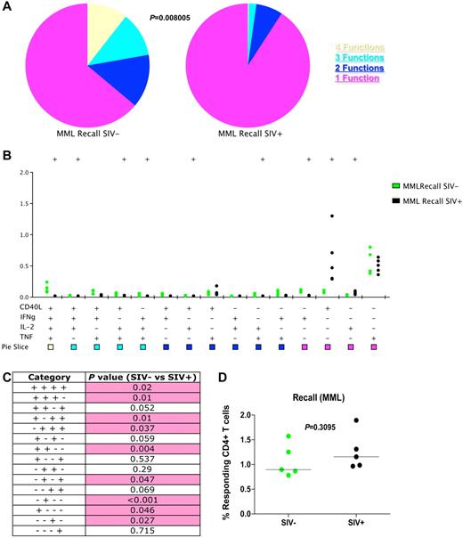 Figure 2. Loss of multifunctional MML-specific CD4+ T cells after SIV infection in recall-vaccinated animals. Flow cytometric analysis of MML-specific memory and effector (CD28+CD95+ and CD28−CD95+/−) CD4+ T cells 2 weeks after recall MML vaccinations by production of CD40L, IFNγ, IL-2, TNFα, or a combination. (A) Pie charts represent fraction of cells that have 4 (yellow), 3 (cyan), 2 (blue), or 1 (purple) function(s). P value calculated by partial permutation test. (B) Delineation of the 15 possible cytokine combinations is shown for SIV− (green) and SIV+ (black). Dots represent individual RM responses. (C) Student t test results between SIV− and SIV+ cytokine responses corresponding to panel B. Pink shading represents a significant P value less than .05. (D) Total frequency of cytokine producing memory and effector CD4+ T cells for SIV− (green) and SIV+ (black) in response to MML stimulation. P values represent partial permutation test results (A) or Student t test results (C).