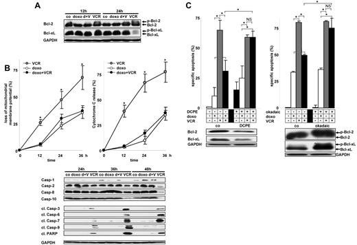 Figure 4. Signaling mechanism of VCR and inhibition by doxorubicin. (A) Western blot of total cellular protein was performed on CEM cells stimulated with doxorubicin and VCR as in Figure 1A. GAPDH served as a loading control. (B) CEM cells were stimulated with doxorubicin and VCR. Loss of mitochondrial membrane potential (left panel) and cytochrome c release (right panel) was measured by FACScan. Caspase cleavage was detected by Western blot (bottom panel). *P < .05 (ANOVA), comparing stimulation with VCR alone with doxorubicin alone or combined stimulation with doxorubicin + VCR. (C) CEM cells were treated with 2,3-DCPE (10μM, left panel) or the phosphatase inhibitor okadaic acid (okadaic, 0.03 ng/mL, right panel) for 8 hours, followed by doxorubicin together with VCR for another 48 hours as indicated. Western blot of total cellular protein was performed after 56 hours. *P < .05 (ANOVA). NS indicates not significant. The concentrations of doxorubicin and VCR, measurement of apoptosis, presentation of data, and statistical analysis were performed as described in Figure 1A. Casp indicates caspase; co, unstimulated control cells; cl., cleaved; d, doxorubicin; p, phosphorylated; h, hour; and V, VCR.