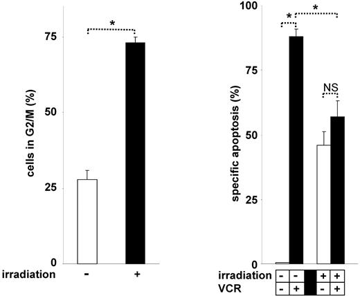 Figure 7. Cell-cycle arrest–based antagonistic interaction between irradiation and VCR. CEM cells were irradiated with 6 Gy for 24 hours. Cell-cycle analysis was performed (left panel), and cells were stimulated with VCR for another 48 hours (right panel). *P < .05 (ANOVA). NS indicates not significant. The concentration of VCR, measurement of apoptosis, presentation of data, and statistical analysis were performed as described in Figure 1A.