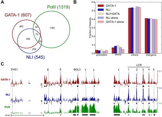 Figure 1. Substantial co-occupancy of genomic sites by NLI and GATA-1 in human cells. Localization of NLI, GATA-1, and RNA pol II in K562 cells was examined by ChIP-chip. (A) Venn diagram showing intersection of genomic binding sites of GATA-1, NLI, and pol II within the region probed by tiling array. Total sites are indicated in parentheses; some pol II sites overlap more than one GATA-1 or NLI site, preventing the sum of interactions in the pol II circle from being equal to the total sites observed. (B) Bar plot of fraction of sites for each factor within promoters, exons, introns, and intergenic space based on RefSeq annotations. Promoter regions are defined as TSS plus 1 kb upstream. Exon and intron categories are not mutually exclusive because of multiple isoforms and overlapping genes. Intergenic space is defined as a lack of annotated transcripts and excludes the 1-kb promoter regions. (C). Tiling array signal (log2 ratios) across the globin locus on chr11. Regulatory elements and globin gene promoters are indicated by dotted lines. Peaks were called by ACME (using the parameters described in “NL1/GATA-1/Pol II ChIP-chip”) and are indicated below each track as dark gray boxes. Results for NLI, GATA-1, and RNA pol II ChIP-chip are shown. Data have been deposited in GEO under accession number GSE30047.