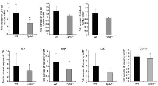 Figure 3. The HSPC compartment of Tgfb2+/− mice is hyporesponsive to FLT3L in vivo. Fold increase in LSK cell number, BM and spleen cellularity, common lymphoid progenitors (CLPs; lineage−IL7Rα+KitloSca1lo), common dendritic progenitors (CDPs, lineage−KitloFLT3+CD115+) in the BM, and LSK cells and DCs (CD11c+) in the spleen in Tgfb2+/− mice and wt littermates after 10 days of FLT3L treatment in vivo. Data are presented as fold expansion in FLT3L-treated mice compared with controls treated with MSA only, from 3 independent experiments, each including 2-4 mice per group and per genotype, with 3 different batches of FLT3L.
