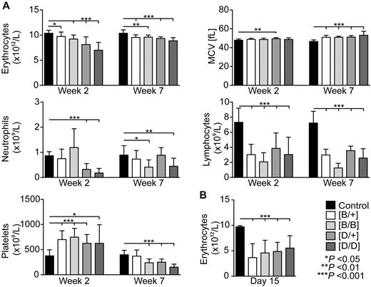 Figure 2. Induction of Rps19 deficiency leads to severe peripheral blood phenotype that progresses over time. (A) Erythrocyte number, mean corpuscular volume (MCV), neutrophil number, lymphocyte number, and platelet number (n = 12-19 per genotype at week 2; n = 6-16 per genotype at week 7). (B) Erythrocyte number after 15 days of doxycycline administration in lethally irradiated wild-type recipient mice that were transplanted with whole bone marrow cells from transgenic mice. (n = 7-9 recipients per genotype). Error bars represent SD.