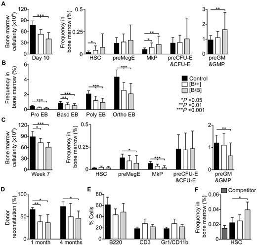 Figure 3. Chronic Rps19 deficiency results in bone marrow failure. (A) Bone marrow cellularity (n = 9-14 per genotype) and hematopoietic stem and progenitor cell frequencies in transgenic mice after 10 days of doxycycline administration (n = 18-31 per genotype). (B) Erythroblast frequencies after 10 days of doxycycline administration (n = 11-18 per genotype). (C) Bone marrow cellularity (n = 10-12 per genotype) and hematopoietic stem and progenitor frequencies in transgenic mice after 7 weeks of doxycycline administration (n = 10-17 per genotype). (D-E) shRNA-B mice (CD45.2; n = 3-5 per genotype) were induced for 30 days followed by 15 days without doxycycline, and unfractionated bone marrow cells were transplanted into lethally irradiated wild-type recipients (CD45.1/CD45.2; n = 3-5 per donor) together with an equal number of wild-type competitor bone marrow cells (CD45.1). (D) Average donor reconstitution 1 and 4 months after transplantation. (E) Lineage distribution of donor-derived cells in peripheral blood 4 months after transplantation. (F) Donor HSC frequencies in bone marrow at the time of transplantation. Error bars represent SD.