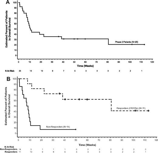 Figure 1. Survival. Kaplan-Meier estimates for (A) OS and (B) OS by response to treatment.