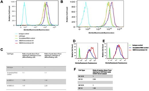 Figure 4. Level of ROS. (A) For evaluation of intracellular ROS level, K562 cells (5 × 105) were washed and incubated for 30 minutes with 50M 2′,7′-dichlorofluorescein-diacetate (DCFH-DA). Cells and analyzed by flow cytometry. Duplicate cells were analyzed before inducing to undergo erythroid differentiation (a representative graph of 2 independent experiments). (B) Cells were analyzed 3 days after induction of erythroid differentiation (a representative graph of 2 independent experiments). (C) Calculation of the fold increase in the dichlorofluorescein fluorescence relative to the control wild-type cells. (D-E) Purified CD34+ from 2 donors were transduced with lentivectors containing either shSBDS-3 or shSCR control, sorted for expressing the YFP reporter gene, and induced erythroid differentiation. The cells were analyzed on day 5 for ROS levels by DCFH-DA. (F) Calculation of the fold increase in the dichlorofluorescein fluorescence relative to the scrambled RNA expressing cells.