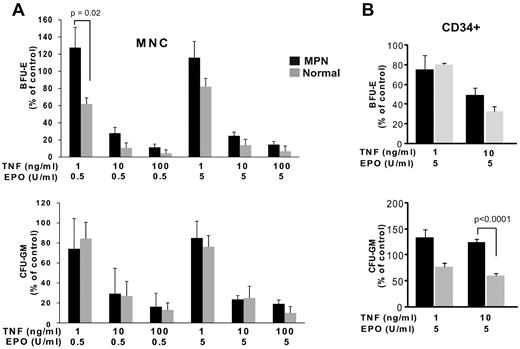Figure 2. MPN mononuclear cells and CD34+ cells are resistant to suppression of colony formation by TNFα. (A) Effect of TNFα on colony formation by progenitor cells from MNC. MNC from MPN patients (n = 14) and normal controls (n = 5) were plated in methylcellulose media supplemented with SCF, IL-3, with 5 U/mL (left) or 0.5 U/mL (right) EPO and graded concentrations of TNFα (in triplicate). Colonies were enumerated at day 12. Colony formation in 0 ng/mL TNFα is normalized to 100%. (B) Effect of TNFα on colony formation from CD34+ cells. CD34+ cells from MPN (n = 16 for 10 ng/mL TNFα, n = 3 for 1 ng/mL TNFα) and normal controls (n = 6 for 10 ng/mL TNFα, n = 3 for 1 ng/mL TNFα) were plated in methylcellulose media supplemented with SCF, IL-3 and 5 U/mL EPO, with graded concentrations of TNFα (in triplicate).