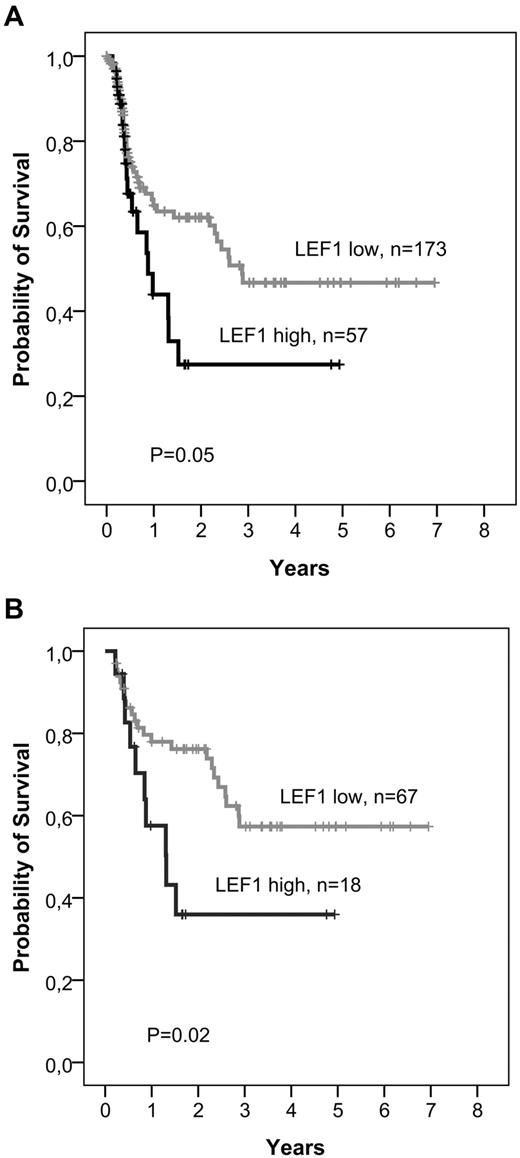 Figure 1. Kaplan-Meier analyses of RFS with respect to LEF1 expression. Patients undergoing SCT in CR1 were censored at the time of transplantation. (A) Overall cohort. (B) Standard-risk patients.
