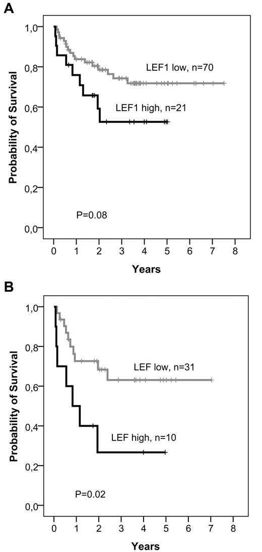 Figure 2. Kaplan-Meier analyses of OS according to LEF1 expression in standard-risk patients. Patients undergoing SCT in CR1 were censored at the time of transplantation. (A) Total group of standard-risk patients. (B) Standard-risk patients older than 35 years.