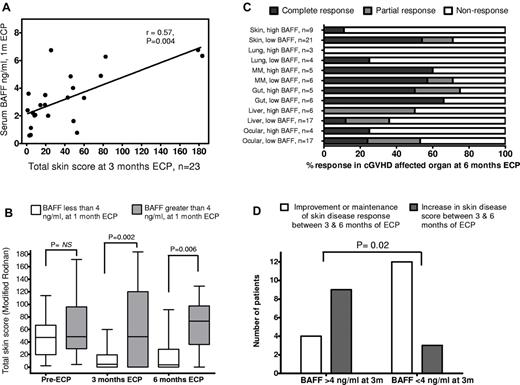 Figure 1. Relationship between BAFF and ECP treatment outcome for cGVHD. (A) Correlation between serum BAFF level after 2 paired photopheresis treatments (at 1 month of ECP) and total skin disease scores (> 0) at 3 months (r = 0.57, P = .004, Spearman rank). BAFF level showed weaker correlation with cutaneous cGVHD severity before ECP start (r = 0.24, P = .16, data not shown). (B) Serum BAFF level in the early stages of ECP treatment predicted cGVHD skin disease response. Patients grouped into serum BAFF level either less than 4 ng/mL (white bars, n = 24) or more than 4 ng/mL (gray bars, n = 11) after 2 paired treatments (1 month) of ECP had similar TSSs (median, 47 vs 48.5) before starting ECP. After 3 months of ECP, patients with early lower BAFF level demonstrated significant improvement in skin disease compared with those with higher BAFF 2 months earlier (median TSS, 4.5 vs 46, P = .002). The disparity in disease improvement between the low and high serum BAFF groups at 3 months was still evident after 6 months of ECP (median TSS, 3.5 vs 76, P = .006). (C) Lower circulating BAFF level at 1 month of ECP is associated with superior cutaneous disease outcome at 6 months (P < .01). Combined response rate (CR + PR, dark and light gray bars) for low BAFF level patients (< 4 ng/mL) was also higher in lung, mucous membrane, and ocular GVHD, but individual organ response rates were not significantly different for these less common manifestations (P > .05). Patients who achieved full or partial cutaneous response at 6 months of ECP did exhibit contrasting rates of extracutaneous organ response at the same time point (65% and 50%, respectively) compared with cutaneous nonresponders (35%, P = .06, not significant, Fisher exact). (D) Serum BAFF level after 3 months of ECP predicted durability of skin disease response at 6 months. Four of 13 patients (31%) with BAFF level greater than 4 ng/mL at 3 months saw further improvement or maintenance of initial response (white bars), whereas remaining patients (69%) saw deterioration in skin disease (gray bars). In contrast, 12 of 15 (80%) patients with BAFF less than 4 ng/mL at 3-month ECP had durable responses, either maintaining full skin disease resolution or continuing improvement at 6 months (P = .02, Fisher exact). Patients with high BAFF after 3 months of ECP had lower 6-month extracutaneous organ response rate than low BAFF patients (42% vs 54%; data not shown, P = .2, not significant).