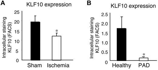 Figure 7. KLF10 expression in response to hindlimb ischemia in mice and in human patients with PAD. (A) Eight- to 10-week-old, male WT mice underwent femoral artery ligation to induce hindlimb ischemia (ischemia) or sham control operation (sham), and expression of Klf10 was determined by intracellular staining of circulating PACs (Sca1+/VEGFR2+) after 7 days by flow cytometry. *P < .01 versus sham. (B) Expression of KLF10 was determined in circulating PACs (CD34+/VEGFR2+) obtained from healthy control subjects or patients with symptomatic PAD. *P < .01 versus healthy controls.