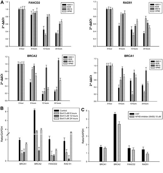 Figure 3. Bortezomib transiently repressed the expression of HR genes at the transcriptional level. (A) MM cell lines were treated with 2.5nM bortezomib and harvested at the indicated times. FANCD2, RAD-51, BRCA1, and BRCA2 mRNA levels were determined by qRT-PCR. Data quantification was carried out by the 2−ΔΔCt method. (B-C) MM1S cells transfected with a pSGG_prom vector (SwitchGear genomics) that contains an approximately 3-kb fragment of the human promoter for BRAC1, BRAC2, FANCD2, RAD51, or GAPDH (control) cloned into the MCS and fused to a luciferase reporter gene. Transfected cells were treated with a nonlethal dose(s) of bortezomib alone (B), the NF-κB inhibitor SN50 (C), or vehicle control (CNT) for 24 hours and then assayed for their luciferase activity. Signal was read out on a luminometer.