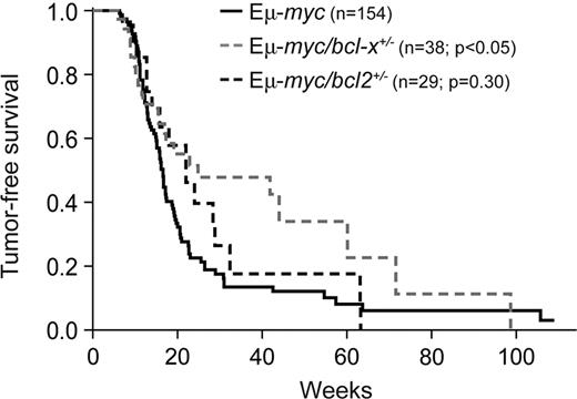 Figure 1. Loss of one bcl-x allele significantly delays Εμ-myc lymphoma development. Kaplan-Meier analysis of tumor development comparing control Εμ-myc transgenic mice with Εμ-myc/bcl-2+/− and Εμ-myc/bcl-x+/− mice. Median tumor onset was 116 days for Εμ-myc, 154 days for Εμ-myc/bcl-2+/− (P = .303) and 174 days for Εμ-myc/bcl-x+/− mice (P = .023).