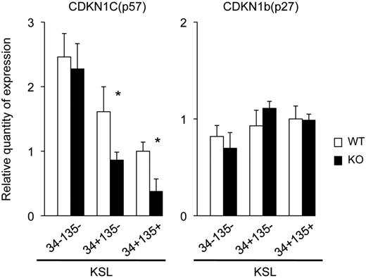 Figure 7. Expression of CDKN1C (p57) and CDKN1b (p27). Gene expression of CDKN1C (p57) and CDKN1b (p27) in the LT-HSC compartment was measured with quantitative RT-PCR analysis. RNAs were isolated from sorted LT-HSCs, ST-HSCs, and MPP cells from primary Dmtf1-KO or WT mice. Relative expressions are shown normalized to gene expression in WT MPP cells (mean ± SD, n = 3). *P < .05.