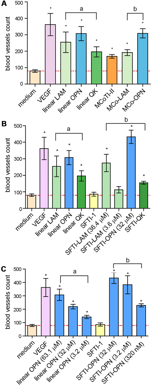 Figure 4. CAM assay results. (A) Comparison of blood vessel count of the linear and MCoTI-II–grafted peptides. (B) Comparison of blood vessel count of the linear and SFTI-1–grafted peptides. (C) Comparison of blood vessel count with a range of concentrations of linear OPN and SFTI-OPN. Comparison of blood vessel count of the linear OPN and SFTI-OPN. Each group of test and control peptides are n = 12 except VEGF, which is n = 9, and SFTI-OPN 0.5 μg/mL, which is n = 6. Linear angiogenic sequences were grouped as “a” and all grafted peptides were grouped as “b.” Different batches of C cortunix eggs were used for this assay. The following peptide concentrations were tested: VEGF: 0.26nM; linear LAM: 81.2μM; linear OPN: 63.1μM; linear OPN: 32μM; linear OPN 3.2μM; linear QK: 39.4μM; MCoTI-II: 14.5μM; MCo-LAM: 14.6μM; MCo-OPN: 13.9μM; SFTI-1: 33μM; SFTI-LAM: 36.4μM; SFTI-LAM: 3.6μM; SFTI-OPN: 32μM; SFTI-OPN: 3.2μM; SFTI-OPN: 320nM; and SFTI-QK: 24.6μM. All means are significantly different. *P ≤ .05 versus control (medium). Error bars indicate SEM. A red line in each of the bar graph indicates the baseline for a peptide to be considered as having angiogenic activity.