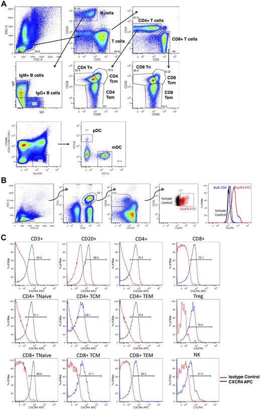 Figure 1. Flow cytometric analysis of lymphocyte subsets. (A) Peripheral blood and leukapheresis products were prepared for flow cytometry as detailed in “Flow cytometric analysis” and lymphocyte subpopulations were identified as follows: Total B cells, CD20+, CD3−; total T cells, CD3+, CD20−; NK cells, CD3−,CD20−, CD8+; mDCs, CD3−, CD20−, CD8−, HLA-DR+, CD11c+, CD123−; pDC: CD3−, CD20−, CD8−, HLA-DR+, CD11c−, CD123+; IgG+ B cells, CD3−, CD20+, IgG+,IgM−; IgM+ B cells, CD3−, CD20+, IgG−, IgM+; CD4+ T cells, CD20−, CD3+, CD4+,CD8−; CD8+ T cells, CD20−, CD3+, CD4−,CD8+; naive T cells, Tn, CD28+,CD95− CD4 or CD8 T cells; central memory T cells, Tcm, CD28+,CD95+ CD4 or CD8 T cells; effector memory T cells, Tem, CD28−,CD95+ CD4 or CD8 T cells. Shown is a representative example of the following: First row: Lymphocyte gating based on forward- and side-scatter characteristics (left panel), subsequent CD3 versus CD20 gating (middle panel), subsequent CD4 versus CD8 gating (right panel). Second row: Subsequent IgG versus IgM gating (left panel) and subsequent CD95 versus CD28 gating (middle and right panels). Third row: mDC and pDC gating based on CD123 and CD11c. (B) Peripheral blood and leukapheresis products were prepared for flow cytometry. CD4+ Tregs were identified as CD3+,CD4+, CD25high, CD127low, FoxP3+ cells. Shown is a representative example of lymphocyte gating based on forward- and side-scatter characteristics (far left panel), subsequent identification of CD3+,CD4+ cells (second panel from the left), subsequent identification of CD25high, CD127low cells (third panel from the left), subsequent labeling with FoxP3 (red cells represent CD3+,CD4+, CD25high, CD127low cells labeled with FoxP3; and black cells, CD3+,CD4+, CD25high, CD127low cells labeled with the corresponding isotype control). The far right panel shows histogram analysis of FoxP3 fluorescence comparing FoxP3 labeling of putative Tregs (red), bulk CD4 cells (blue), or putative Treg cells labeled with the FoxP3 isotype control antibody (black). (C) Peripheral blood and leukapheresis products were prepared for flow cytometry as detailed in “Flow cytometric analysis,” and CXCR4 expression was determined for each subpopulation. Shown are representative histograms showing CXCR4 fluorescence for the individual cell populations (blue traces) compared with these cells labeled with the CXCR4 isotype control antibody (red traces).
