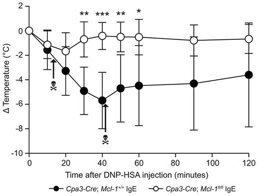 Figure 7. IgE-dependent PSA is markedly reduced in Cpa3-Cre; Mcl-1fl/fl mice. Cpa3-Cre; Mcl-1fl/fl mice (n = 6) and Cpa3-Cre; Mcl-l+/+ control mice (n = 6) were sensitized by IP injection of 20 ng of anti-DNP IgE. Mice were challenged by IP injection of 1 mg DNP-HSA the next day. Body temperature measured at the indicated time points is shown as mean ± SD. **P < .05; **P < .01; and ***P < .001 versus corresponding values for Cpa3-Cre; Mcl-1+/+ mice at the indicated time points. P < .01 by 2-way ANOVA for the change in temperature in Cpa3-Cre; Mcl-lfl/fl mice versus Cpa3-Cre; Mcl-l+/+ mice. The data shown were pooled from the 2 independent experiments performed, each of which gave similar results. The death head symbols indicate when single mice in that group died.