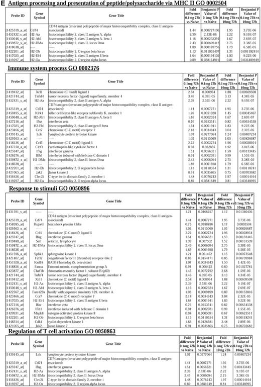 Figure 2. Genes enriched in rM cells compared with naive and pro-inflammatory macrophages. An FDR of 0.05 and fold difference of 1.5 revealed (A) 342 genes up- and down-regulated in rM compared with pro-inflammatory (10 mg zymosan) and naive macrophages, a sample of the most differentially expressed genes presented in panel B. The software package Expander Version 5.1 detected (C) 191 probe sets significantly up-regulated in rM cells with these gene sets enriched for (D) aspect of antigen uptake/presentation and immune function. (E) A list of the genes involved in antigen processing and presentation of peptide/polysaccharide via MHC class II (GO:0002504), immune system process (GO:0002376), response to stimuli (GO:0050896), and regulation of T-cell activation (GO:0050863). There was significant enrichment for (F) 154 down-regulated probe sets with their significantly enriched functional classespresented in panel G. Genes involved in developmental processes (GO:0032502) are listed in panel H.