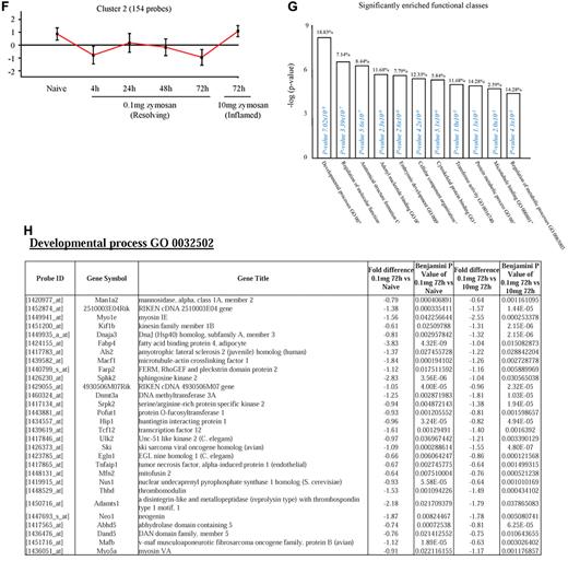 Figure 2. Genes enriched in rM cells compared with naive and pro-inflammatory macrophages. An FDR of 0.05 and fold difference of 1.5 revealed (A) 342 genes up- and down-regulated in rM compared with pro-inflammatory (10 mg zymosan) and naive macrophages, a sample of the most differentially expressed genes presented in panel B. The software package Expander Version 5.1 detected (C) 191 probe sets significantly up-regulated in rM cells with these gene sets enriched for (D) aspect of antigen uptake/presentation and immune function. (E) A list of the genes involved in antigen processing and presentation of peptide/polysaccharide via MHC class II (GO:0002504), immune system process (GO:0002376), response to stimuli (GO:0050896), and regulation of T-cell activation (GO:0050863). There was significant enrichment for (F) 154 down-regulated probe sets with their significantly enriched functional classespresented in panel G. Genes involved in developmental processes (GO:0032502) are listed in panel H.