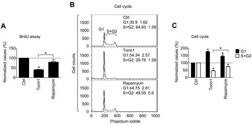 Figure 5. Role of mTORC1 and mTORC2 in proliferation and cell cycle of HMC-1.2 MCs. (A) HMC-1.2 MCs were supplemented with vehicle alone (Ctrl), mTORC1/mTORC2 (Torin1, 200nM), or mTORC1 (rapamycin, 200nM) inhibitors and cultured for 72 hours. Incorporation of BrdU was determined with the BrdU assay and evaluated. (B-C) HMC-1.2 MCs were supplemented with vehicle alone and inhibitors as in panel A, cultured for 72 hours, and subjected to cell cycle analysis by flow cytometry (B) and evaluated (C). In panels A and C, data represent means and SEM (n = 3; 3 independent sample preparations) and differences among the differentially treated samples are indicated (*P < .05 by 1-way ANOVA). In panel B, data are means and SEM (n = 3; 3 independent sample preparations).