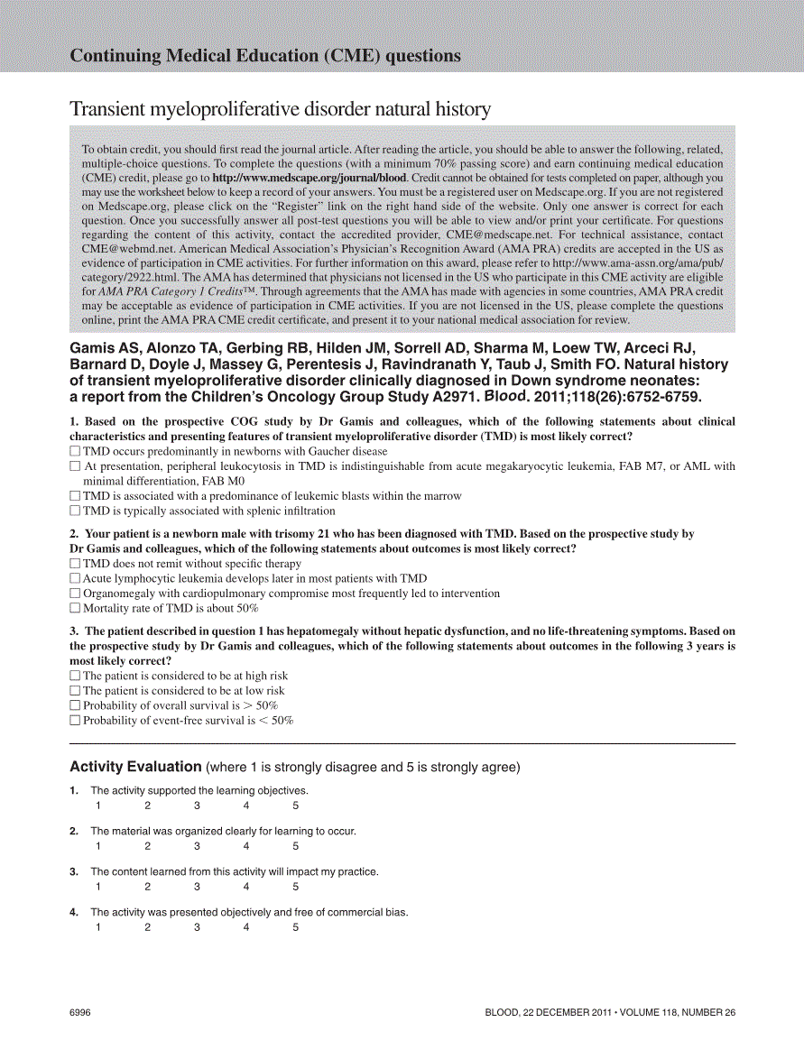First page of Continuing Medical Education (CME) questions: transient myeloproliferative disorder natural history