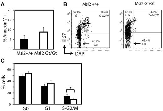 Figure 5. Apoptosis and cell-cycle analyses. (A) Apoptosis analysis of freshly isolated BM cells from age-matched 8- to 12-week-old mice. The graph shows the percentage of Annexin V+ cells in LSK cells from Msi2+/+ (n = 5) and Msi2Gt/Gt mice (n = 8). (B) Cell-cycle analysis of cells as above. FACS analysis of cells stained with an antibody that detects proliferating cells (Ki67) and DAPI to determine the relative DNA content on a per-cell basis. (C) Percentage of LSK cells in the G0, G1, and S-G2/M phases (n = 6 for both groups).