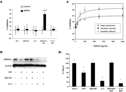 Figure 4. Recombinant NXPH1 inhibits colony forming ability of muBM HPCs. (A) Percent recombinant NXPH1-mediated inhibition of CFU-GM colony formation in primary muBM cells plated as a population under a variety of factor-stimulated growth conditions (3 combined independent experiments, each done in triplicate; mean ± SD). (Bi) Representative Western blot of lysate from primary muBM cells cultured for 24 hours under a variety of conditions. The first lane represents lysate from freshly harvested muBM. β-actin is shown as a loading control. (ii) Densitometric analysis of NRXN1α expression in Western blots. Values were normalized to β-actin and represented as a percent of the day 0 control (4 combined independent experiments; mean ± SD). (C) Calculated dose-response curves modeling the NXPH1-mediated inhibition of CFU-GM colony formation in the presence of GM-CSF + SCF. HPCs were derived from either individually plated huCB CD34+ (R2 = 0.95), huLDCB plated in population (1 × 104cells/mL; R2 = 0.99), or muBM plated in population (5 × 104cells/mL; R2 = 0.99; 288 wells were evaluated for each data point in experiments involving a single plated cell; at least 3 independent experiments performed in triplicate were used for calculating data points involving cells plated in a population; mean ± SD). *P < .05, **P < .005, ***P < .0005.