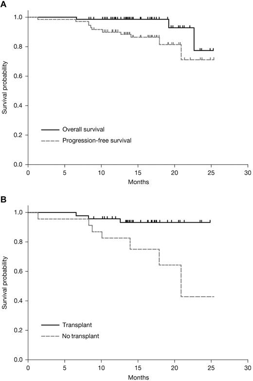 Figure 3. Kaplan-Meier survival estimates. Shown are estimates for OS and PFS among all patients treated with RVDD (A) and PFS among patients who did or did not go on to transplantation (B).
