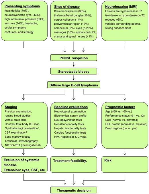 Figure 1. Flow chart of management of PCNSL from presentation to therapeutic decision in ordinary clinical practice. MRI indicates magnetic resonance imaging; CT, computerized tomography; CSF, cerebrospinal fluid; LDH, lactate dehydrogenase serum level; and ADC, average diffusion coefficient. Deep regions refers to basal ganglia, corpus callosum, periventricular areas, brain stem, and/or cerebellum. (1) Ocular examination should include slit-lamp examination, indirect ophthalmoscopy,and ophthalmic ultrasonography. (2) Cerebrospinal fluid evaluation should include cell counts, protein and glucose levels, cytology, flow cytometry, and IgHV gene rearrangement studies.