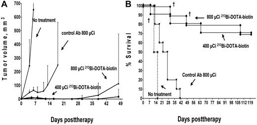 Figure 4. Leukemia xenograft regression and survival after treatment with anti-CD45 PRIT using 213Bi-DOTA-biotin. Athymic mice bearing HEL xenografts were injected intravenously via tail vein 2 days after tumor implantation with 1.4 nmol of anti-CD45 Ab-SA conjugate followed 22 hours later with 5.8 nmol of CA and subsequently with 1.2 nmol of 213Bi-DOTA-biotin (400 μCi and 800 μCi) 3 hours later. Tumor-bearing control mice were either untreated or treated with a nonbinding control Ab-SA conjugate before 800 μCi radiolabeled DOTA-biotin injection. (A) Tumor volume curves are truncated at the time of death because of excessive tumor growth in the first mouse in each group. (B) Mice were analyzed for survival as a function of time. †Deaths resulting from toxicity.