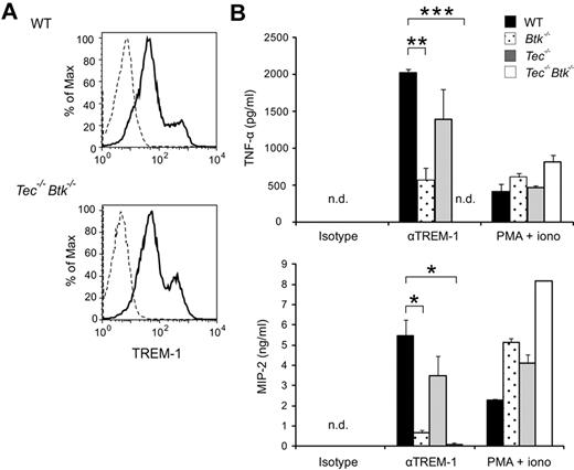 Figure 5. Btk is required for TREM-1-induced cytokine production in mouse BMDCs. BMDCs were generated from bone marrow cells of WT, Btk−/−, Tec−/− and Tec−/−Btk−/− mice in GM-CSF-containing medium. (A) On day 3, BMDC from WT and Tec−/−Btk−/− mice were stained with isotype-matched (dashed line) or anti–TREM-1 (full line) mAbs and analyzed by flow cytometry. (B) On day 4, cells were incubated for 8 hours with either plate-bound isotype-matched control or plate-bound anti–TREM-1 mAbs or with PMA and ionomycin. Supernatants were analyzed by ELISA for TNF-α and MIP-2. Data are displayed as mean ± SD of at least duplicates of ELISA from duplicate cultures. Figure shows 1 representative result of 3 independent experiments. *P < .01, **P < .006 and ***P < .0001 (Student t test). iono indicates ionomycin.