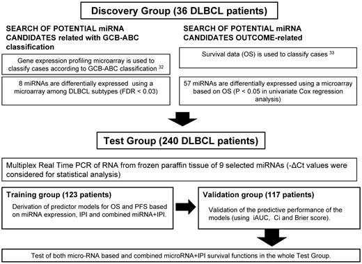 Figure 1. Flowchart with experimental design. The whole series of patients was divided into 2 major groups: a discovery group (36 patients with available frozen tissue for profiling using array technologies) and a test group (240 patients with available FFPE tissue from the diagnostic pathologic sample). The test group was further divided systematically into 2 sets of patients: the training group (123 patients) and the validation group (117 patients). The clinical characteristics according to sex, age, stage, extranodal disease, serum lactate dehydrogenase levels, electrocorticogram, and IPI score of the different sets of patients are summarized in Table 1.