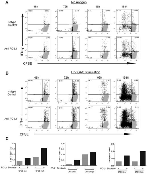 Figure 3. Blockade of the PD-1 pathway augments the fraction of HIV-specific IFN-γ+ CD4 T cells in both proliferating and nonproliferating subsets. (A-B) CFSE-labeled, CD8-depleted PBMCs were incubated with no antigen (A) or HIV Gag peptide (B) in the presence of PD-L1 blocking antibody or isotype control antibody. Intracellular cytokine staining was detected at 48, 72, 96, and 168 hours after stimulation. (C) The effect of PD-L1 blockade on IFN-γ+ CD4 T cells at 96 hours after stimulation in 3 representative subjects.