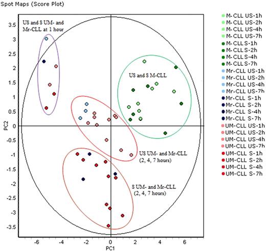 Figure 3. PCA of all samples differentiates US and S samples only in UM-CLL and Mr-CLL (M responder CLL) cells. PCA of all 48 samples (24 M-CLL and 24 UM-CLL) and color-coded according to the legend, projected onto the first 2 principal components. Ellipses highlight M-CLL samples (US and S samples indiscriminately), US UM-and Mr-CLL samples except at time 1 hour, S UM- and Mr-CLL samples except at 1 hour, and UM- and Mr-CLL samples at 1 hour (US and S undiscriminated). PCA analysis demonstrated that M-CLL and UM-CLL cells formed 2 distinct groups and that US and S samples at 2, 4, and 7 hours can be differentiated only in UM-CLL and Mr-CLL samples.