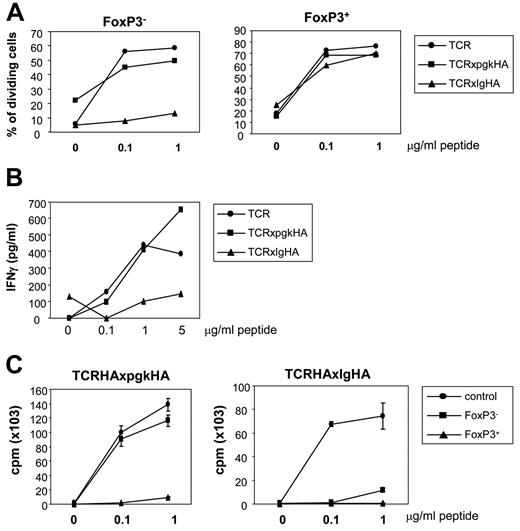 Figure 2. Different behavior of HA-specific FoxP3− cells in TCR-HAxpgk-Ha and TCR-HAxIg-HA mice. (A) Total lymph node suspensions from TCR-HA, TCR-HAxpgk-HA, or TCR-HAxIg-HA mice were stained with cell-vue Maroon and incubated in vitro with different peptide doses. Proliferation of CD4+6.5+FoxP3− and FoxP3+ cells was determined by flow cytometry. (B) Interferon-γ present in the supernatant from the same cultures was determined by enzyme-linked immunosorbent assay. Results correspond to the pool of triplicate wells, with cells obtained from one mouse of each genotype. Two independent experiments were performed with similar results. (C) CD4+6.5+FoxP3+ and FoxP3− cells from TCR-HAxpgk-HA (left graph) or TCR-HAxIg-HA (right graph) mice were electronically sorted and incubated in vitro with splenic-derived DCs and different peptide doses. FoxP3− cells from a TCR-HA single transgenic mouse were used as control of proliferation. Thymidine was added after 48 hours of culture and left for an additional 16 hours. Experiments were performed in triplicate and 1 representative experiment of 3 is shown.