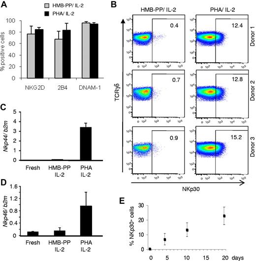 Figure 2. Induction of natural cytotoxicity receptor expression in γδ PBLs activated with pan–T-cell mitogen. γδ PBLs were cultured as described in Figure 1 for 4-19 days and analyzed by flow cytometry for surface expression of various NK receptors. (A) Results for NKG2D, 2B4 and DNAM-1 in 10-day cultures activated either with HMB-PP and IL-2 (gray) or PHA and IL-2 (black), derived from 6 independent healthy donors. Error bars represent SD (n = 6; P > .05). (B) Expression of NKp30 in the same cultures of (A). FACS plots correspond to cultures derived from 3 individual donors. Percentages refer to NKp30+ γδ PBLs. Isotype control staining is presented in supplemental Figure 2A. (C-D) Real-time PCR quantification of Nkp44 (C) and Nkp46 (D) mRNA levels in freshly isolated, HMB-PP and IL-2–activated and PHA and IL-2–activated γδ PBL. (E) Evolution of the percentage of NKp30+ cells in the cultures described in (A), analyzed up to day 19. Error bars represent SD (n = 5). Data in this figure are representative of 2 to 4 independent experiments with similar results.