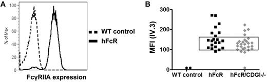 Figure 1. Surface expression of human FcγRIIA. (A) Representative histograms for platelets from a WT mouse (dashed black trace) and a mouse transgenic for the hFcR (black trace) stained with IV.3-Alexa488. (B) FcγRIIA expression levels on platelets from hFcR mice and mice transgenic for hFcR and deficient in CalDAG-GEFI (hFcR/CDGI−/−). Only mice with a platelet mean fluorescence signal (IV.3-Alexa488) between 100 and 150 were used for further experiments.