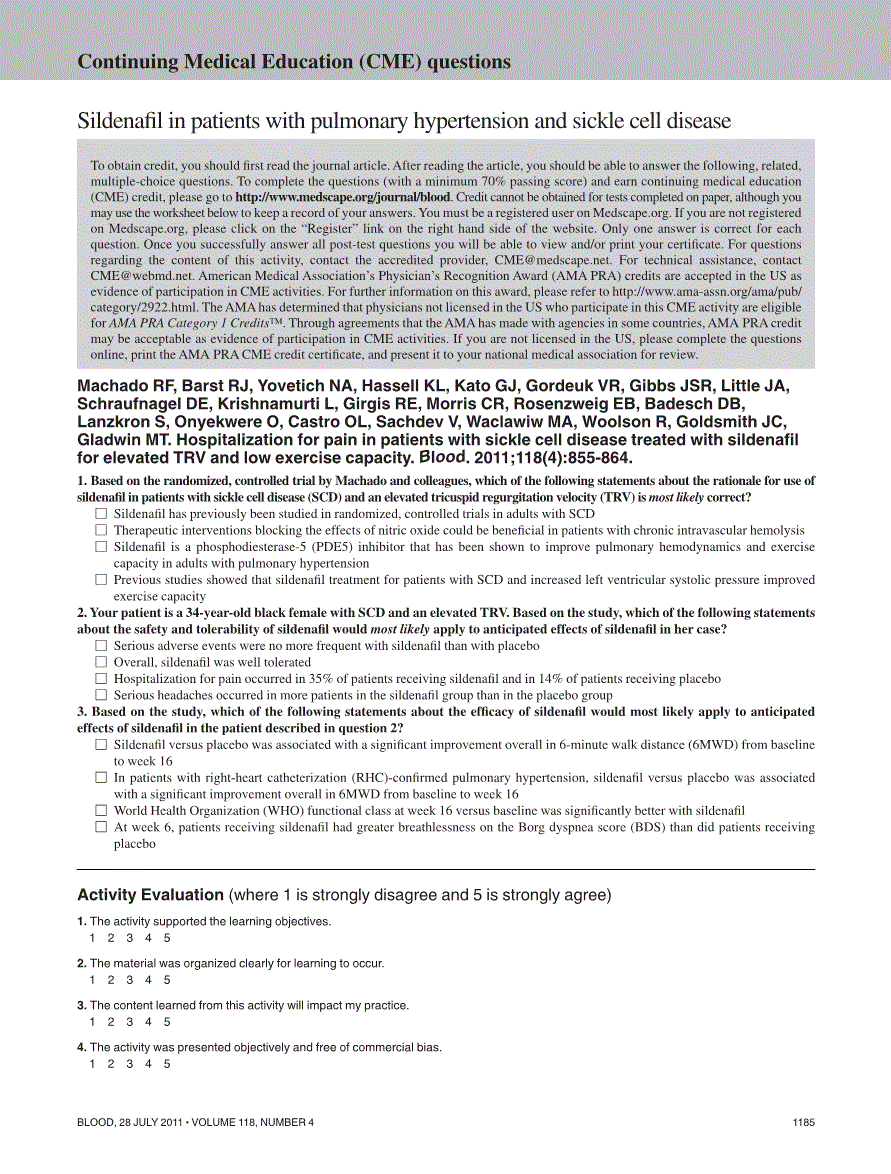 First page of Continuing Medical Education (CME) questions: sildenafil in patients with pulmonary hypertension and sickle cell disease