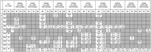 Cellular IC50 (nM) of imatinib (IM), nilotinib (NI), and dasatinib (DA) and fold increase with respect to the IC50 for wild-type (WT) Bcr-Abl of the M244V, L248V, G250E, Q252H, Y253H, Y253F, E255K, E255V, E279K, and V299L mutant forms