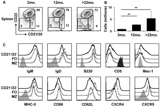 Figure 1. CD21/35−CD23− B cells accumulate in aged mice. (A) Cells from spleen were first gated on CD19+ AA4.1− CD43− live single lymphocytes. Percentage of FO (CD21/35loCD23+), MZ (CD21/35hiCD23−), and novel B-cell (CD21/35−CD23−, ABC) subsets are shown in female C57BL/6 mice at age 3, 12, and > 22 months. (B) Absolute numbers of ABCs in spleen from mice at age 3, 12, and > 22 months; n = 3-5 mice and similar results were observed in 5 independent experiments. The Student t test was used for statistical analysis; **P < .01. (C) Expression of 10 surface markers on ABCs (dark bold) compared with FO (dotted) and MZ (dashed) B cells from 22-month-old mice. Light gray peaks represent negative controls and the black peak represents the positive control for CD5 on B1 B cells.