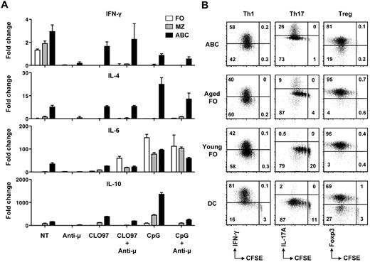 Figure 7. Cytokine expression and T-cell polarization on Ag presentation by ABCs. (A) Sorted ABCs and aged or young FO B cells were cultured with stimuli shown for 3 days. RNA was extracted and analyzed for expression of cytokines by qPCR. Fold change is relative to the expression level of each gene in standard total mouse RNA. (B) CFSE-labeled naive OTII CD4+ T cells (L-selectinhiCD44lo) were cultured with polarizing cytokines and Ab for 5 days, in the presence of young or aged FO or DC (CD11chi) that had been pulsed with ovalbumin323-339 peptide. Intracellular expression of cytokines and CFSE dilution were analyzed on gated CD4+ OTII T cells.