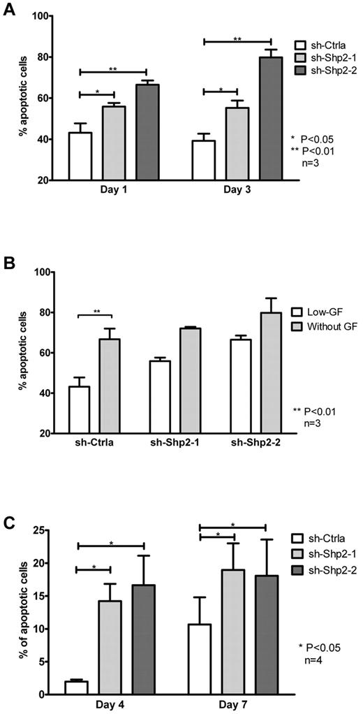 Figure 3. SHP2 knockdown in CD34+ cells results in significantly reduced progenitor survival. (A) CD34+DsRED+ cells were cultured in SFM with low, physiologic concentrations of GFs for 3 days and analyzed for apoptosis by labeling with annexin V and DAPI. Data are mean ± SEM of 3 experiments. *P < .05, sh-Shp2-1 and **P < .01 for sh-Shp2-2 compared with sh-Ctrla. (B) The effect of GF withdrawal for 24 hours on apoptosis of CD34+DsRED+ cells was evaluated. Data are mean ± SEM of 3 experiments. **P < .01 with or without GF withdrawal. (C) CD34+DsRED+ cells cultured in high concentrations of GFs. SFM were analyzed for apoptosis. Data are mean ± SEM of 4 experiments. *P < .05, sh-Shp2-1 and sh-Shp2-2 compared with sh-Ctrla.