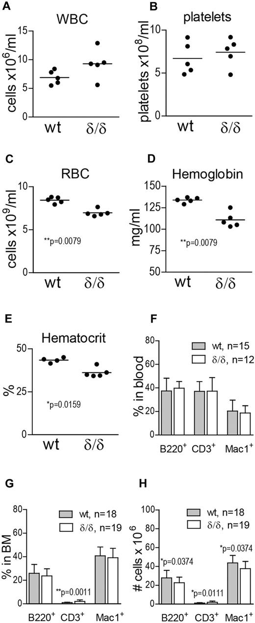 Figure 3. Vegfaδ/δ mice display mild anemia and altered numbers of differentiated cells in the BM. (A) WBC count, (B) platelet count, (C) RBC count, (D) hemoglobin, and (E) hematocrit levels were measured on blood samples from Vegfaδ/δ or WT mice. Results are shown from 5 individual mice per group. P values are from Mann-Whitney test. (F) Percentages of B220+, CD3+, and Mac-1+ cells in PB were determined by FACS analysis. Bars represent mean ± SD. Results shown are data combined from 5 independent experiments. (G) BM lineage distribution. Bars represent mean ± SD, **P = .0011, Mann-Whitney test. (H) Total numbers of B220+, CD3+, and Mac-1+ cells in 2 × femur and tibia. Bars represent mean ± SD, P values are from Mann-Whitney test. Results shown in panels G and H are data combined from 6 independent experiments.