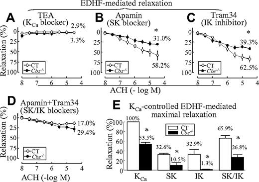 Figure 2. HHcy-impaired EDHF-mediated vascular relaxation via inhibition of SKs and IKs in SMAs. SMAs were isolated from Tg-hCBS Cbs mice. (A) KCa blocker–inhibited EDHF-mediated relaxation. SMAs were pretreated with the COX inhibitor INDO (10μM), the NOS inhibitor L-NAME (100μM), and the KCa blocker TEA (1mM), precontracted with PE, and examined for relaxation to the cumulative additions of ACH. (B) SK blocker–inhibited EDHF-mediated relaxation. SMAs were pretreated with INDO, L-NAME, and the SK blocker apamin (1μM), precontracted with PE, and examined for relaxation to ACH. (C) IK blocker–inhibited EDHF-mediated relaxation. SMAs were pretreated with INDO, L-NAME, and the IK blocker Tram34 (1μM), precontracted with PE, and examined for relaxation to ACH. (D) SK/IK blocker–inhibited EDHF-mediated relaxation. SMAs were pretreated with INDO, L-NAME, apamin, and Tram34, precontracted with PE, and examined for relaxation to ACH. (E) Kca-controlled maximal relaxation of Kca. Maximal relaxation was calculated by subtracting the blocker inhibited EDHF-mediated relaxation (−5.5 log M; Figure 2A-C) from that of EDHF-mediated relaxation in the absence of blocker (Figure 1I). Value in the CT group treated with KCa blocker was defined as 100%. Values are means ± SEM (n = 5-7 mice, 2 vessel segments/mouse). *P < .05 compared with control mice. CT indicates the control group.