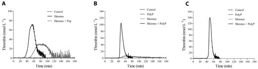 Figure 3. PolyP drives thrombin generation in histone-treated PRP. (A) Recalcified CTI-inhibited PRP was incubated with histones (40 μg/mL) in the presence of Psp (10 U/mL), and then thrombin generation was evaluated. Representative tracings of 3 experiments with PRP from different donors are shown. Recalcified CTI-inhibited PPP (B) and PPP treated with an anti-FXII antibody (150 μg/mL; C) were incubated with histones (40 μg/mL) and/or polyP (20 μg/mL), as described in “Methods,” and then thrombin generation was evaluated in the presence of liposomes. One representative experiment of 3 is shown.